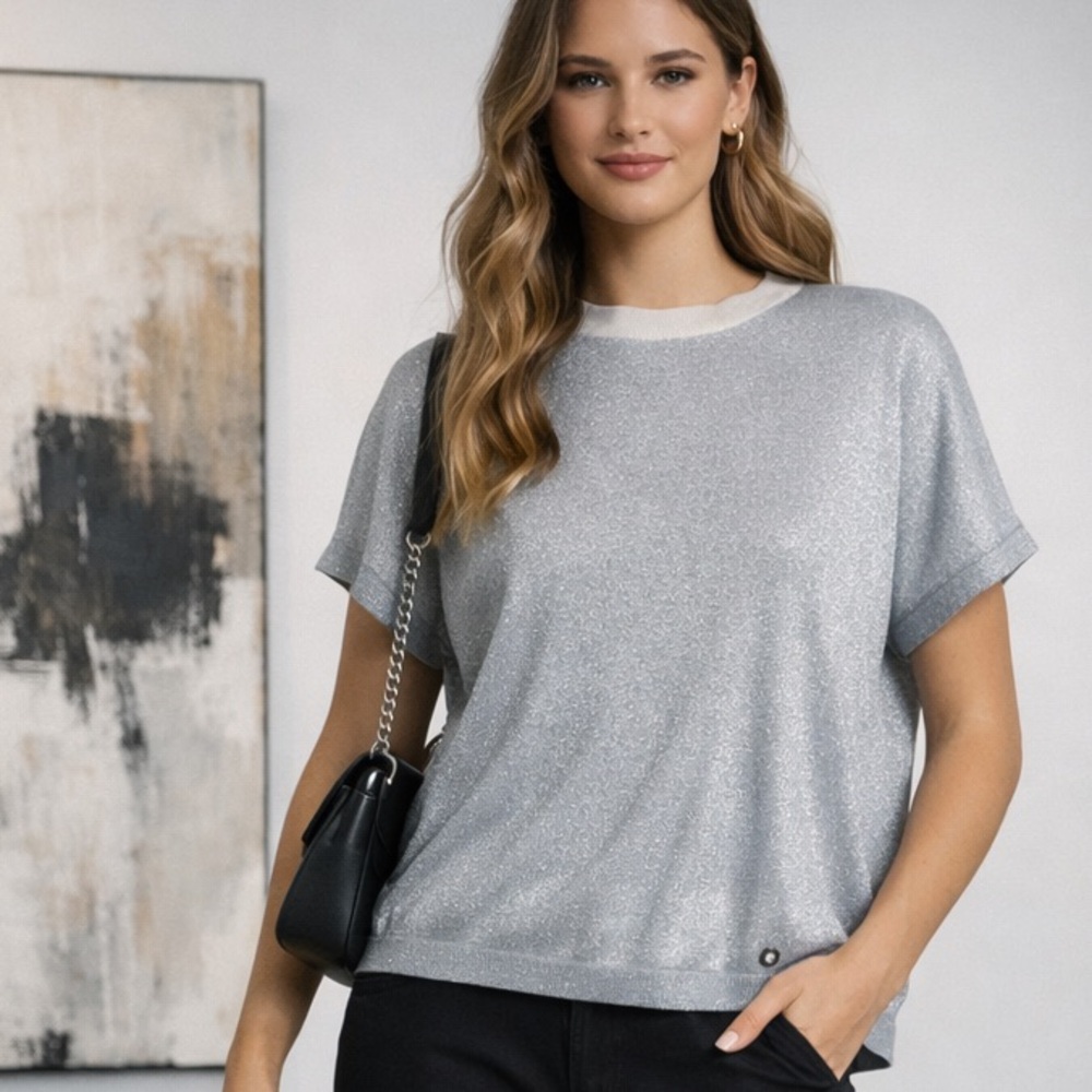 ANTHROPOLOGIE NUMPH Amilia Silver Metallic Shimmer Knit Top Relaxed Fit Sweater